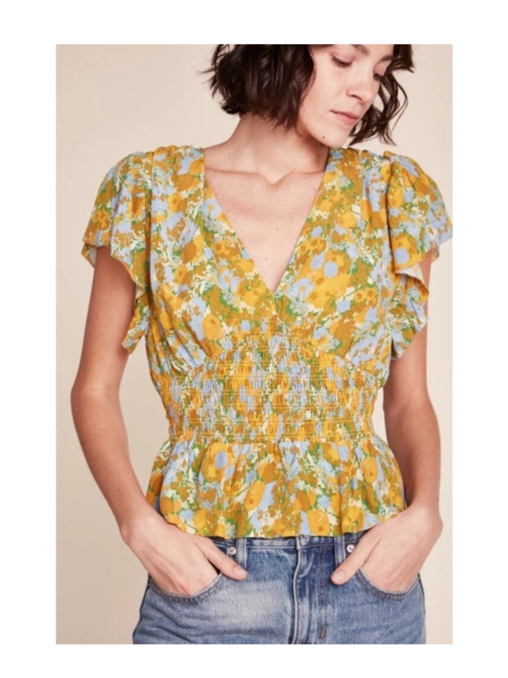 Trovata Yellow Floral V-Neck Smocked Peplum Blouse